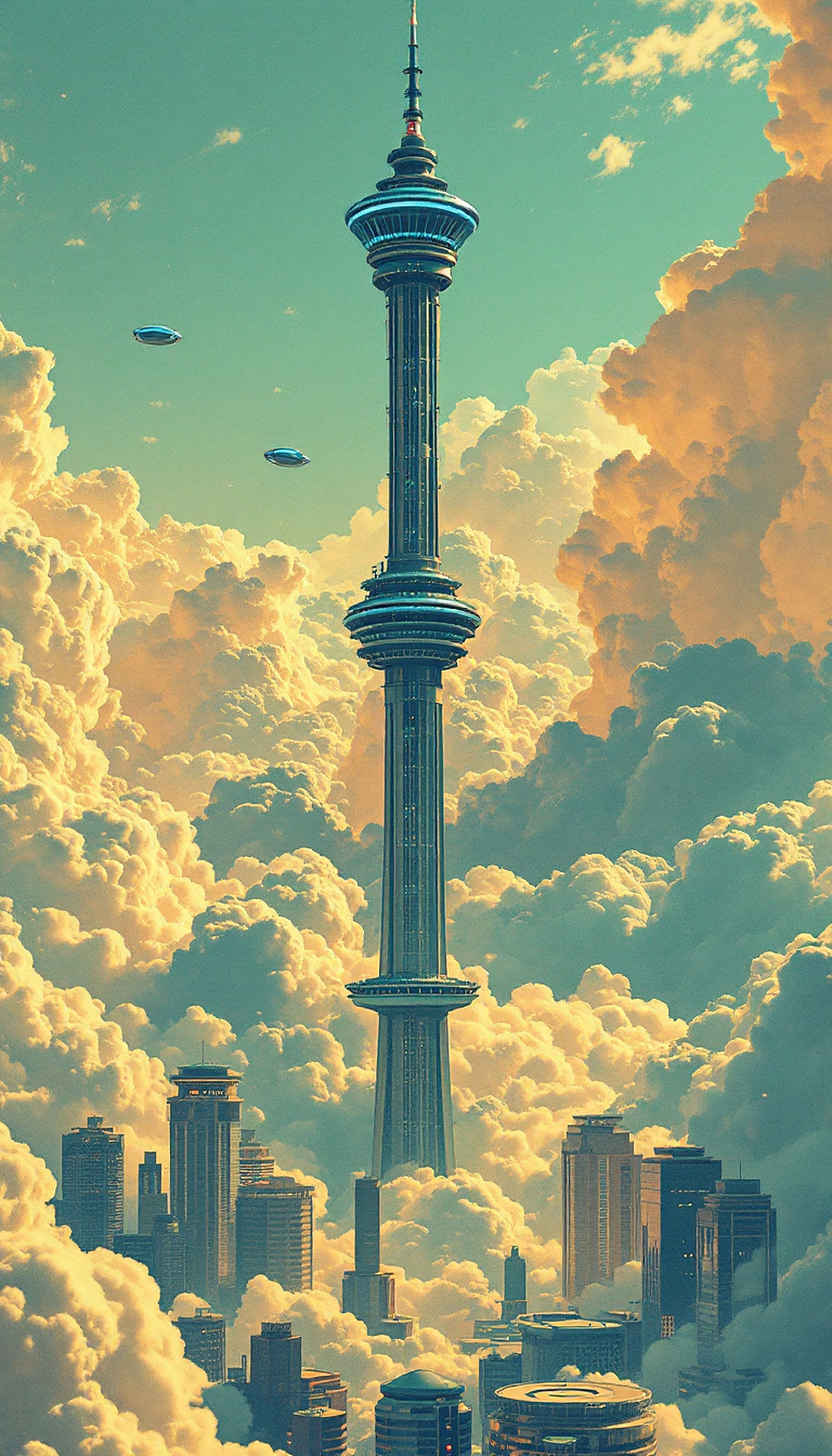 Futuristic Sky City with Giant Tower & UFOs, futuristic city, sky city, sci-fi wallpaper, fantasy city, flying saucers, golden clouds