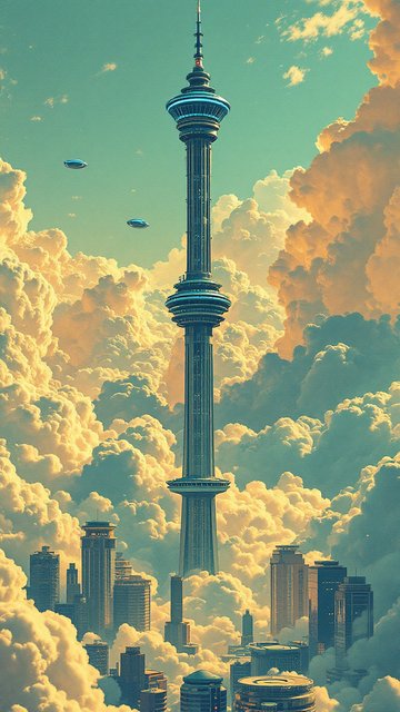 Futuristic Sky City with Giant Tower & UFOs