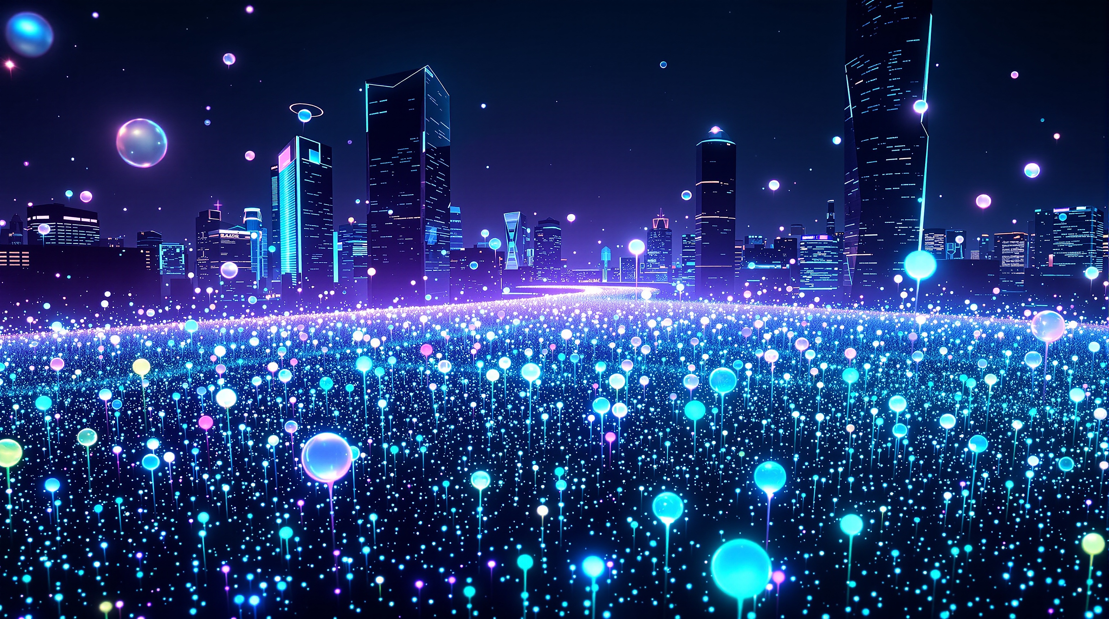 Cyberpunk Cityscape Glow Wallpaper, cyberpunk, futuristic city, neon, glowing orbs, sci-fi, dark