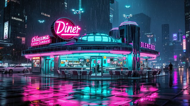 Cyberpunk Diner Neon Rain City Night