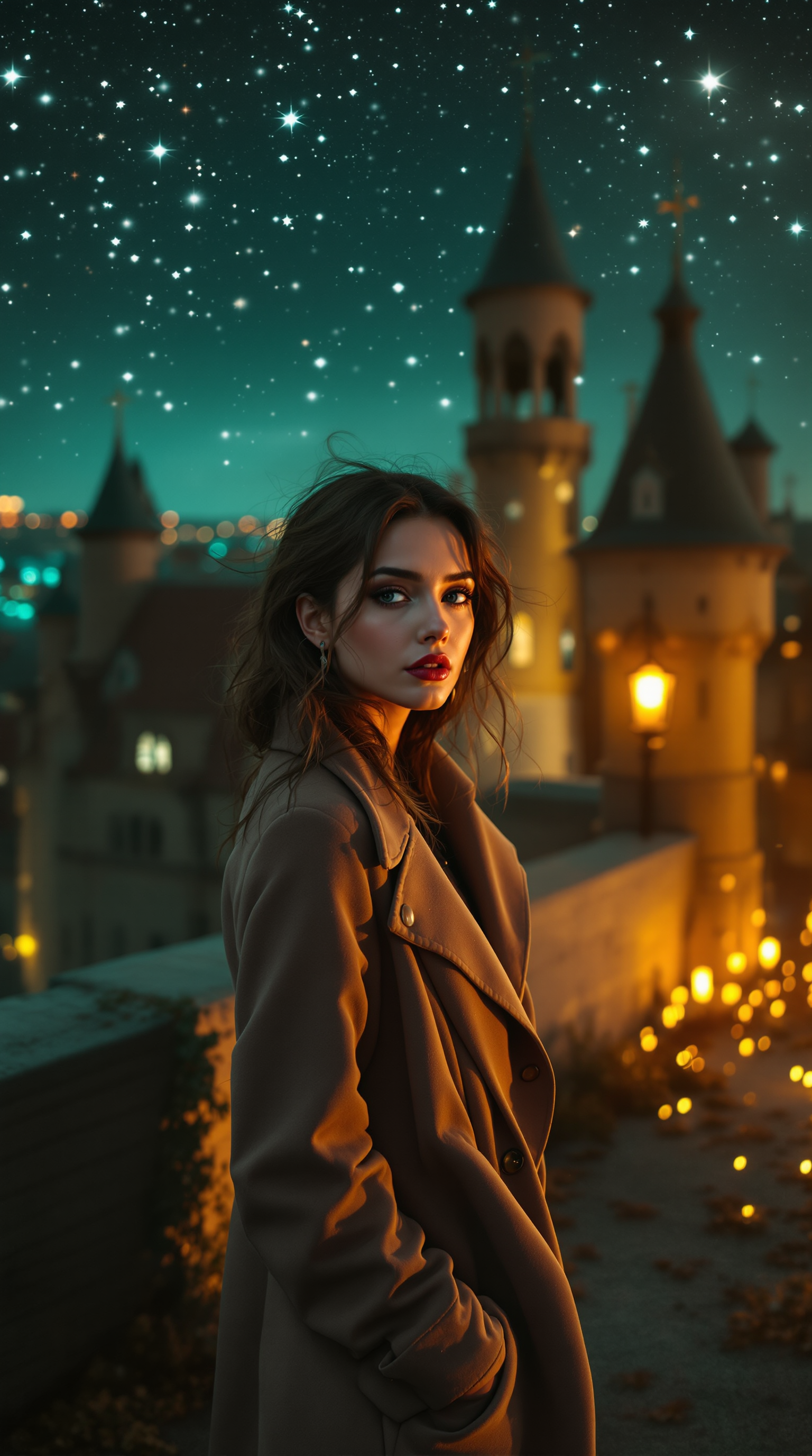 Night Sky Woman Castle City Lights Wallpaper, night sky, stars, woman, castle, city lights, fantasy
