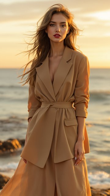 Woman in Trench Coat at Golden Hour Beach