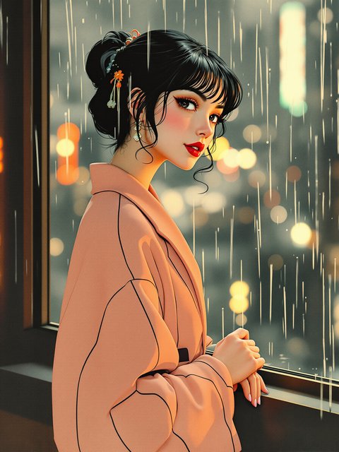 Anime Girl in Rain, City Night Lights Wallpaper