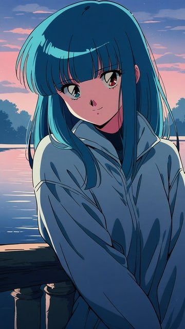 Anime Girl Blue Hair Sunset Lake Wallpaper
