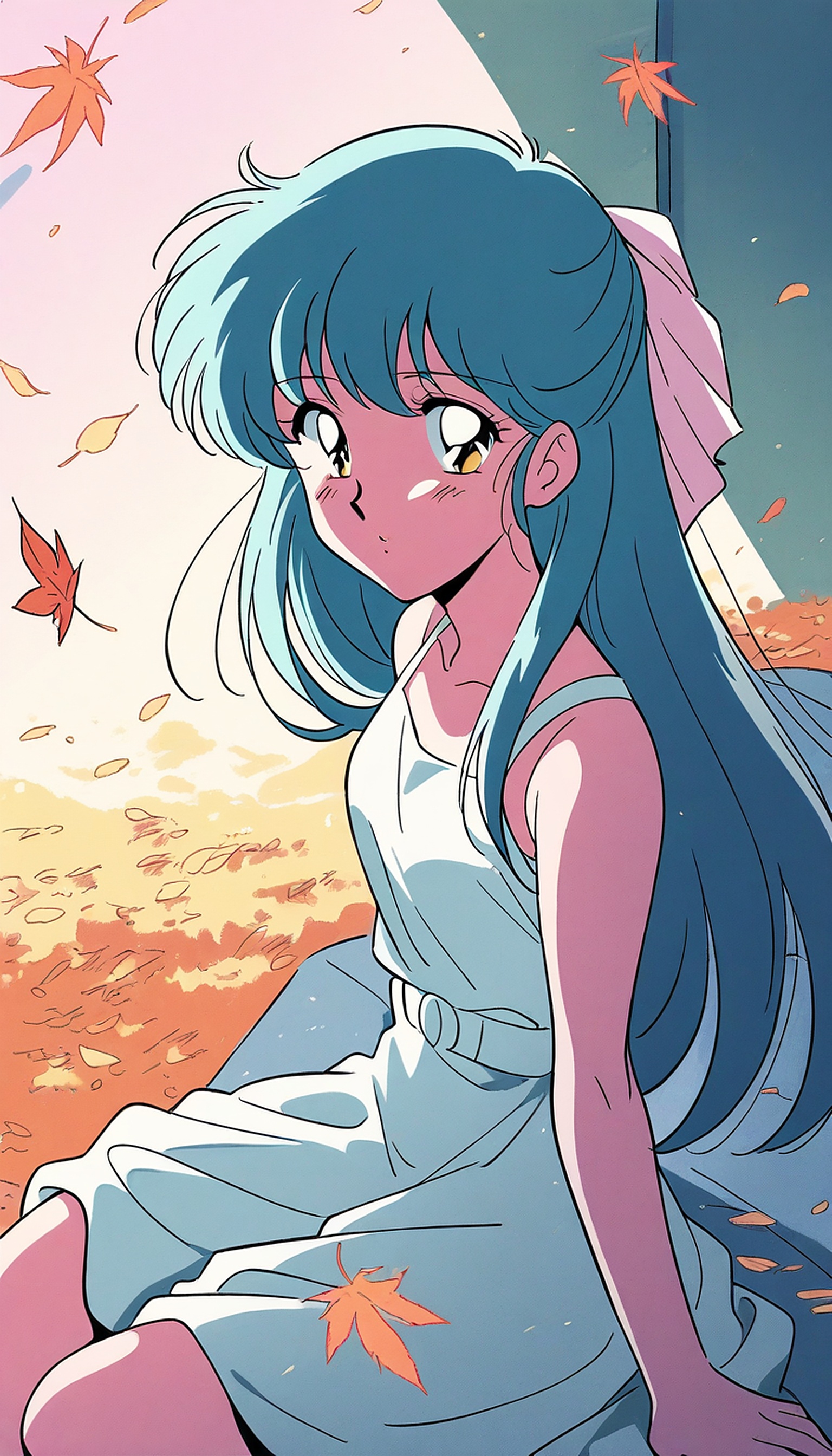 Anime Girl Autumn Leaves Aesthetic Wallpaper, anime girl, autumn leaves, fall, pastel, blue hair, cute
