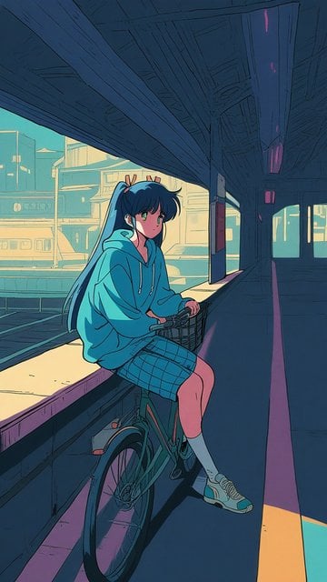 Anime Girl on Bike at Subway Station