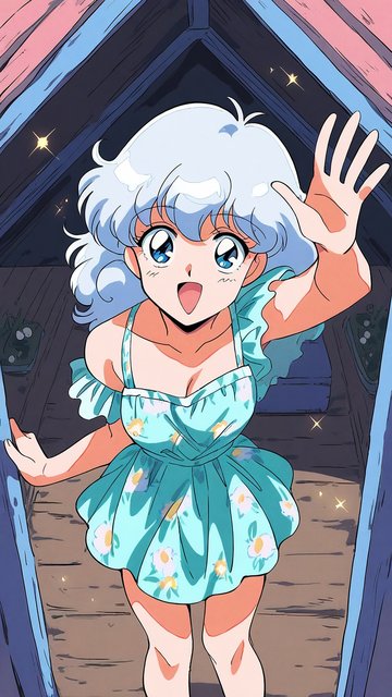 Anime Girl Waving in Attic, 80s Retro Style