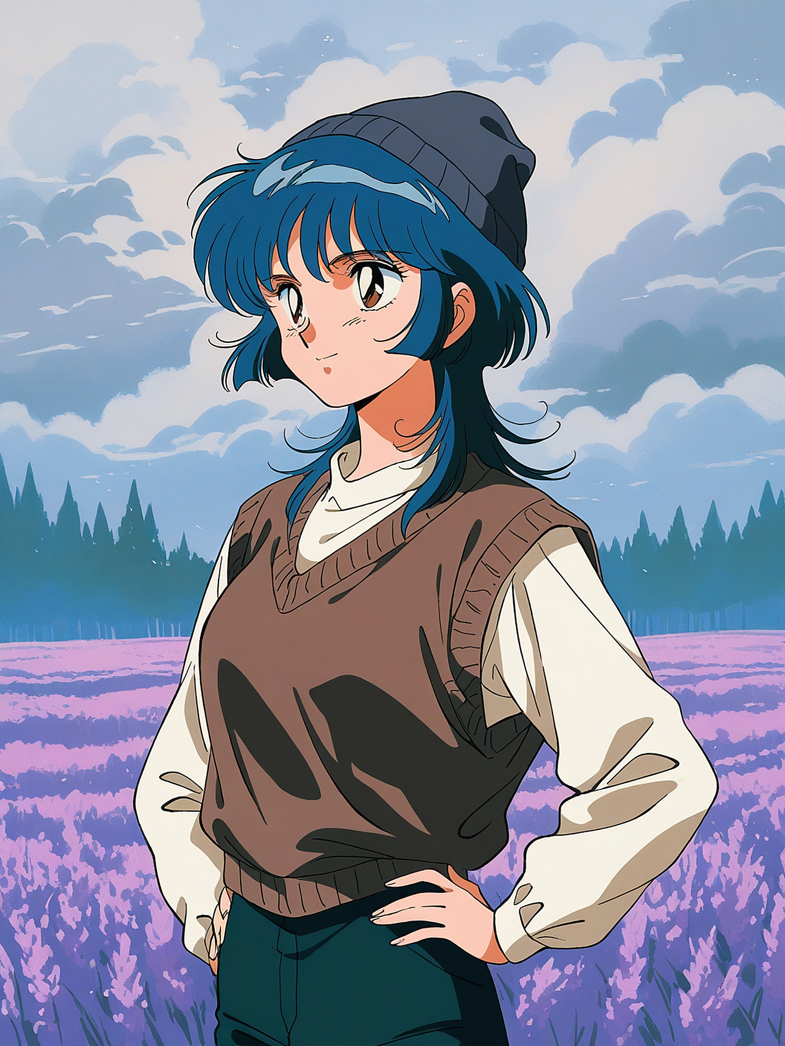 Anime Girl in Lavender Field Wallpaper, anime girl, lavender field, beanie, 90s anime, retro anime, purple flowers
