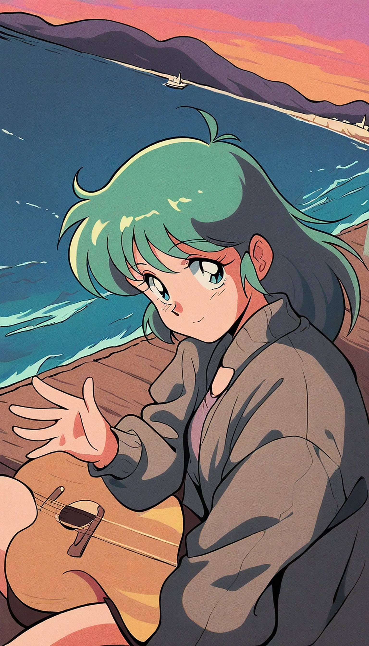Anime Girl on Dock with Guitar at Sunset, anime girl, guitar, sunset, ocean, dock, teal hair