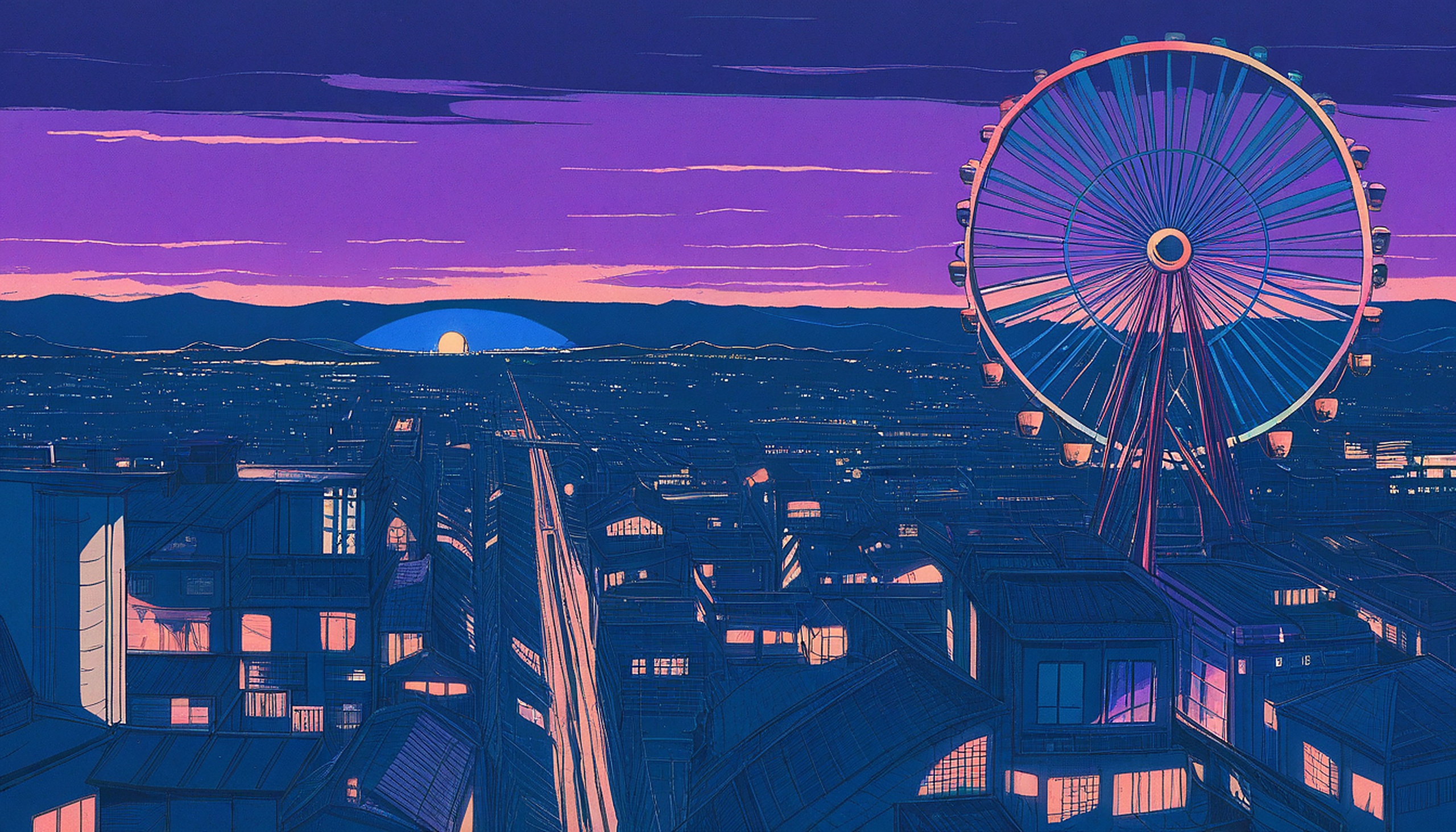 Tokyo Sunset Ferris Wheel Anime Aesthetic, cityscape, ferris wheel, sunset, twilight, anime aesthetic, japan