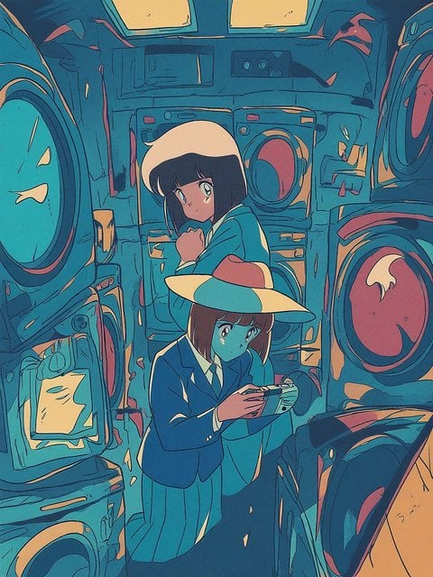 Anime Girls in Retro Futurism Laundry Room