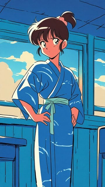 Anime Girl in Blue Kimono by Window Wallpaper