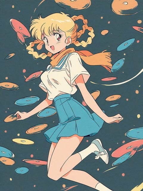 Anime Girl Floating with Colorful Discs