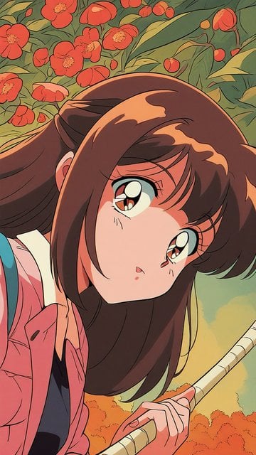 Anime Girl with Flowers and Staff Wallpaper