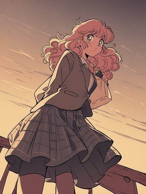 Anime Girl Pink Hair Plaid Skirt Sunset