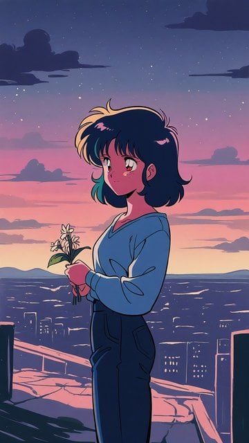 Anime Girl City Sunset Retro Aesthetic Wallpaper