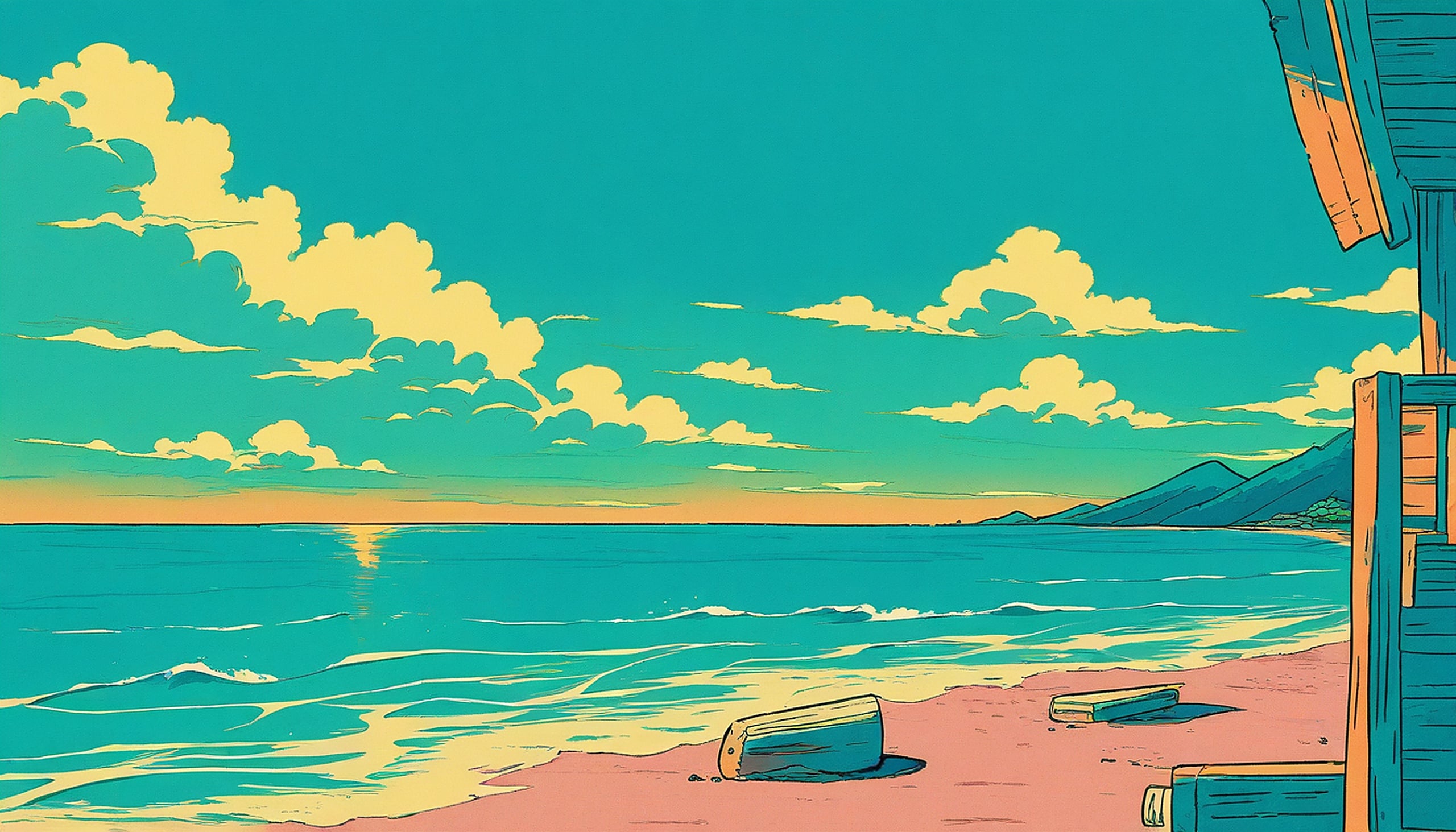 Anime Beach Sunset Teal Yellow Aesthetic, anime beach, sunset, teal, yellow, peach, ocean view