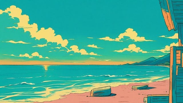 Anime Beach Sunset Teal Yellow Aesthetic