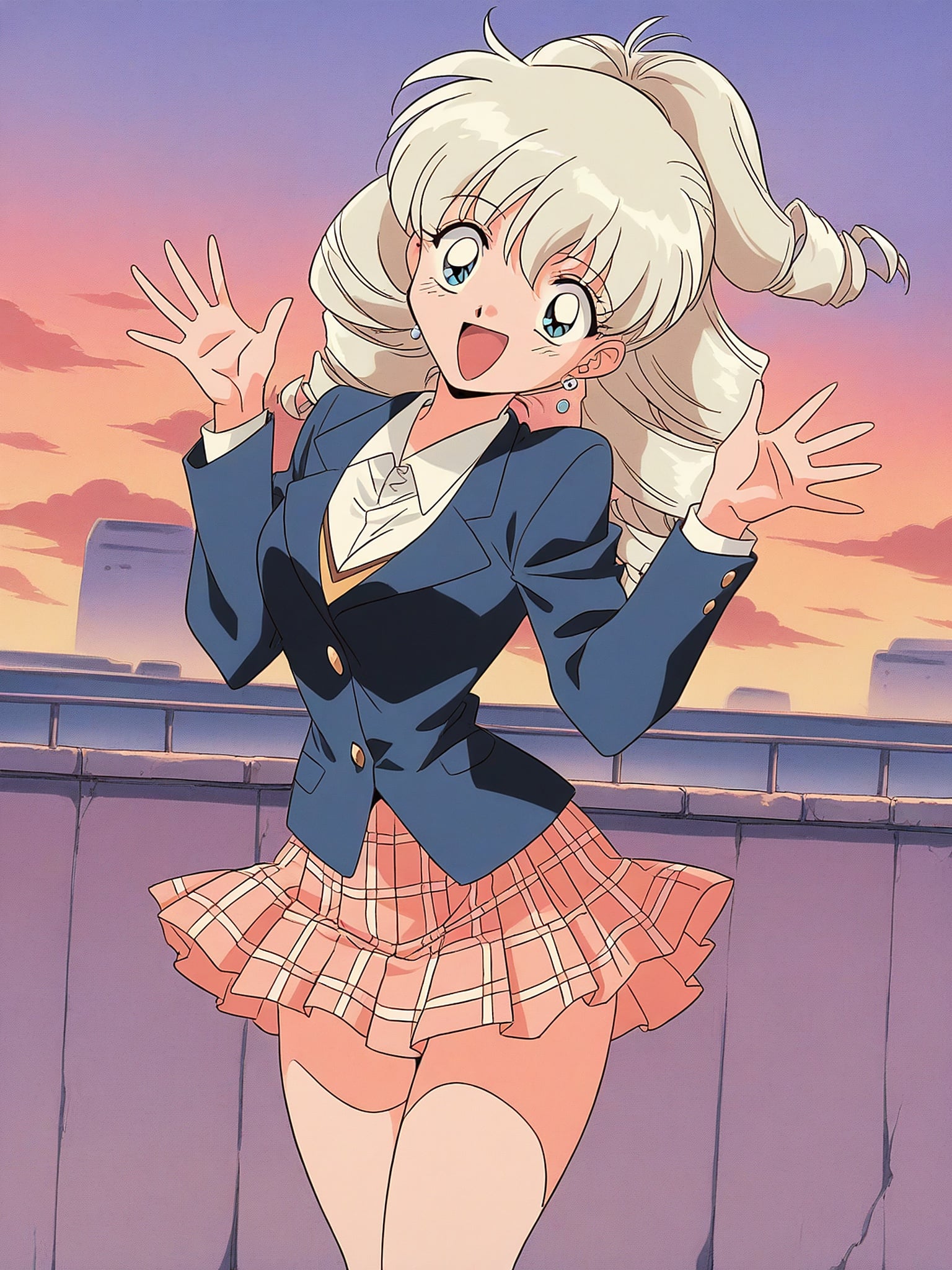 Anime Schoolgirl with Blonde Hair on Rooftop Sunset, anime girl, schoolgirl, blonde hair, anime aesthetic, sunset, rooftop