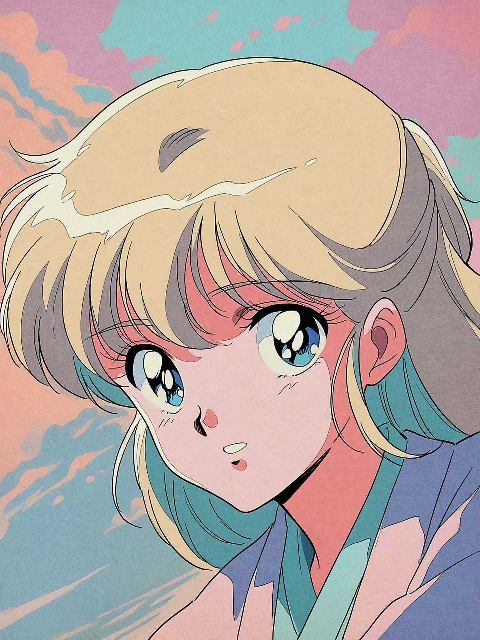 Retro Anime Girl with Big Eyes and Pastel Sky, anime girl, 90s anime, retro anime, big eyes, pastel colors, cute