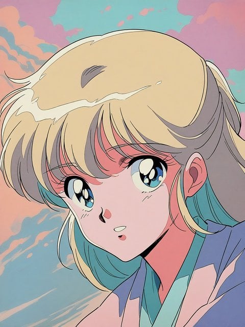 Retro Anime Girl with Big Eyes and Pastel Sky