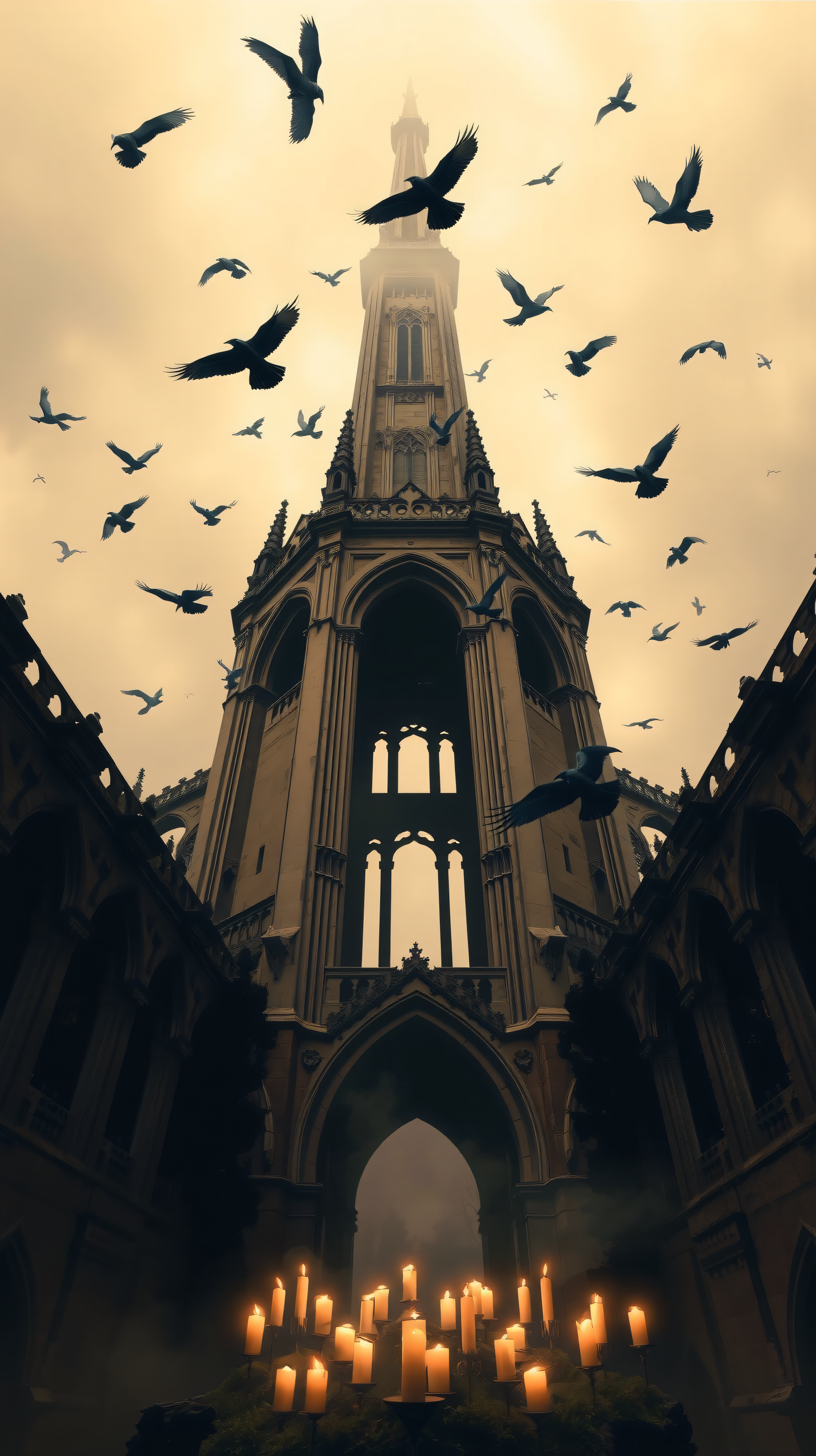 Gothic Cathedral, Flying Crows & Mystical Candles, gothic, cathedral, fantasy, dark, crows, ravens