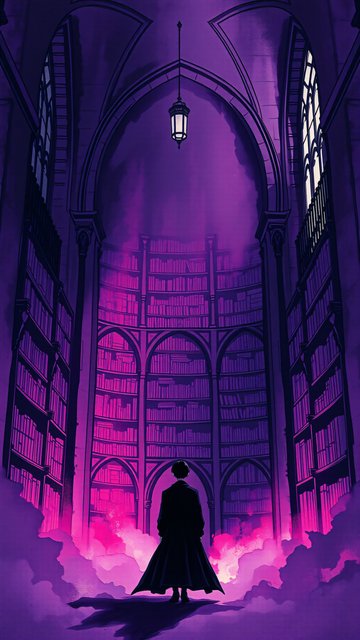 Mystical Gothic Library with Glowing Purple Mist