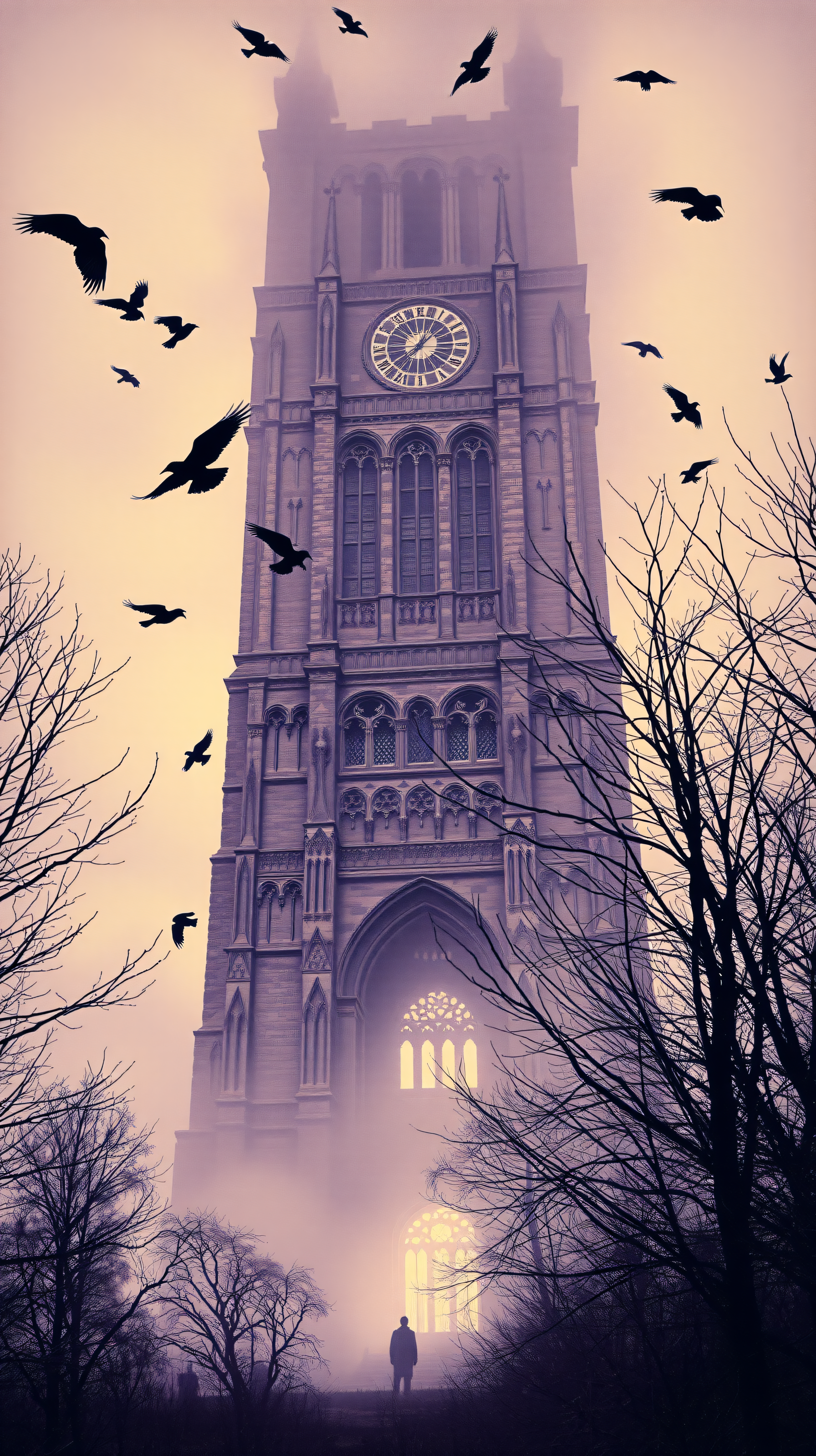 Misty Gothic Clock Tower with Crows & Lone Figure, gothic, clock tower, mist, crows, silhouette, mysterious
