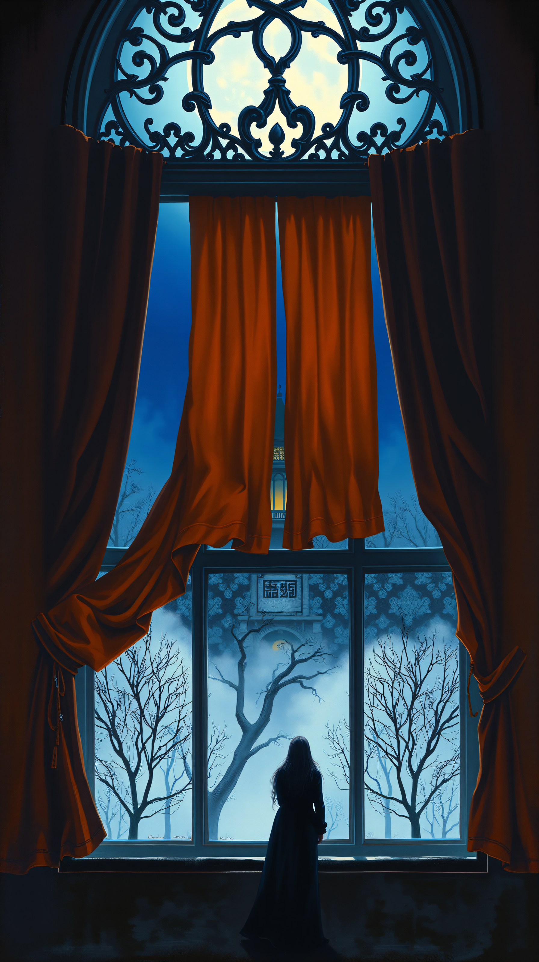 Gothic Moonlight Window: Solitary Figure, Winter Night, gothic, dark fantasy, moonlight, winter night, ornate window, silhouette