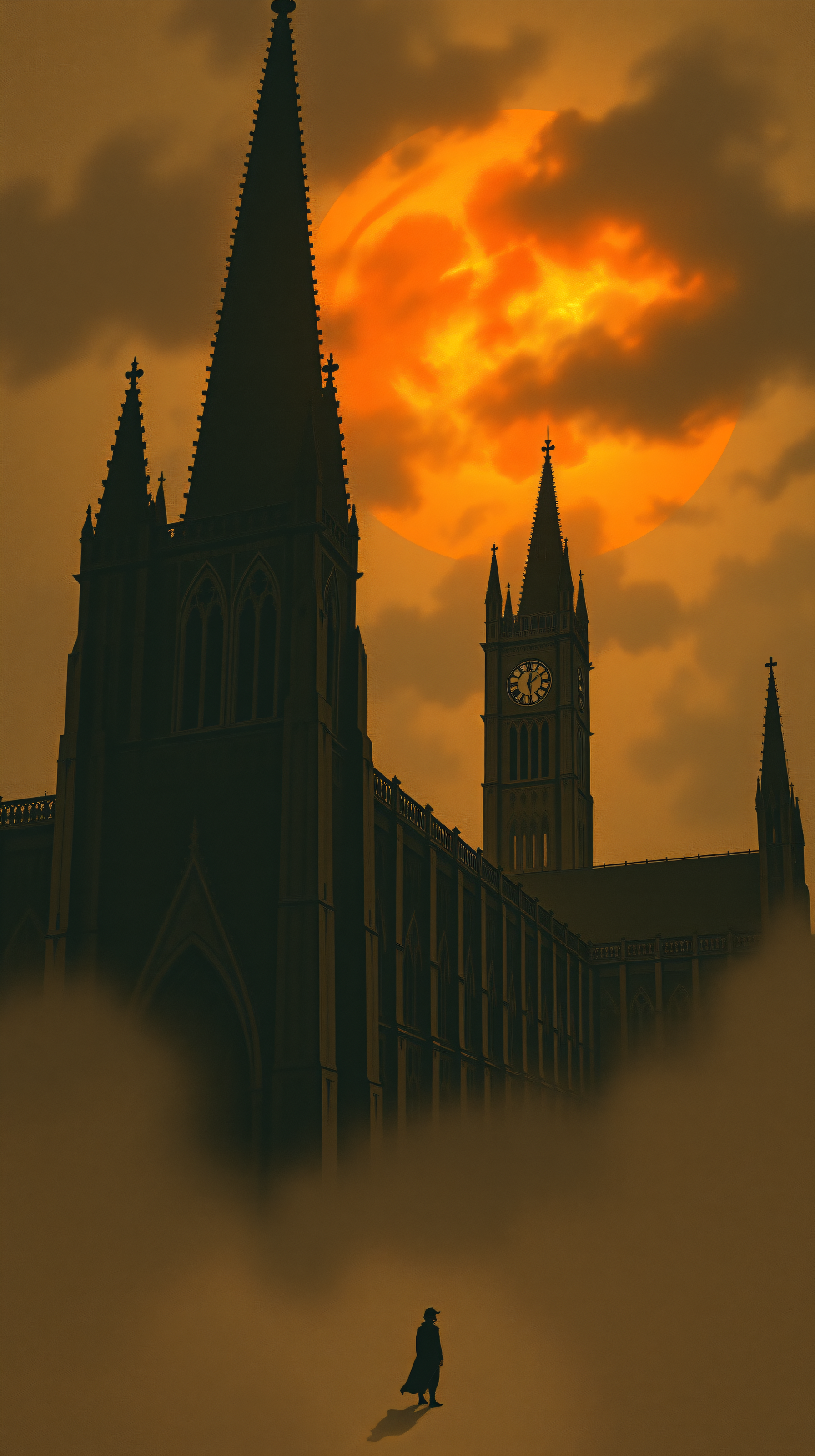 Gothic Cathedral Orange Moon Silhouette, Lone Figure, gothic, cathedral, orange moon, silhouette, mystery, dark academia
