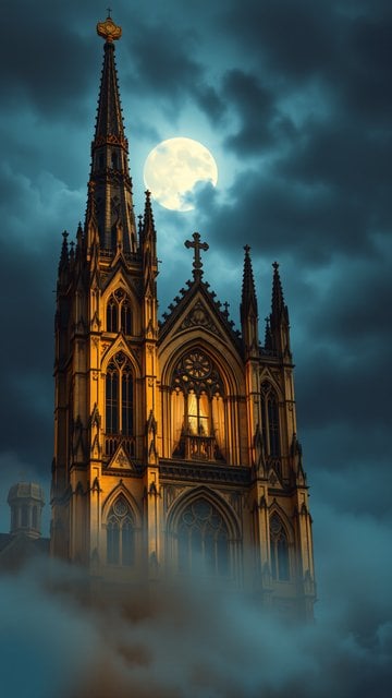 Gothic Cathedral Moonlit Night with Ethereal Fog