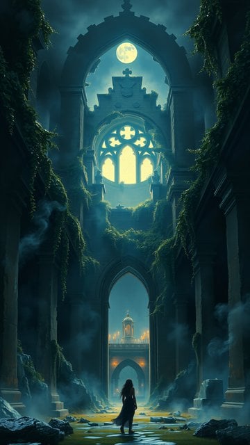 Moonlit Gothic Ruins: Overgrown Ancient Temple at Night
