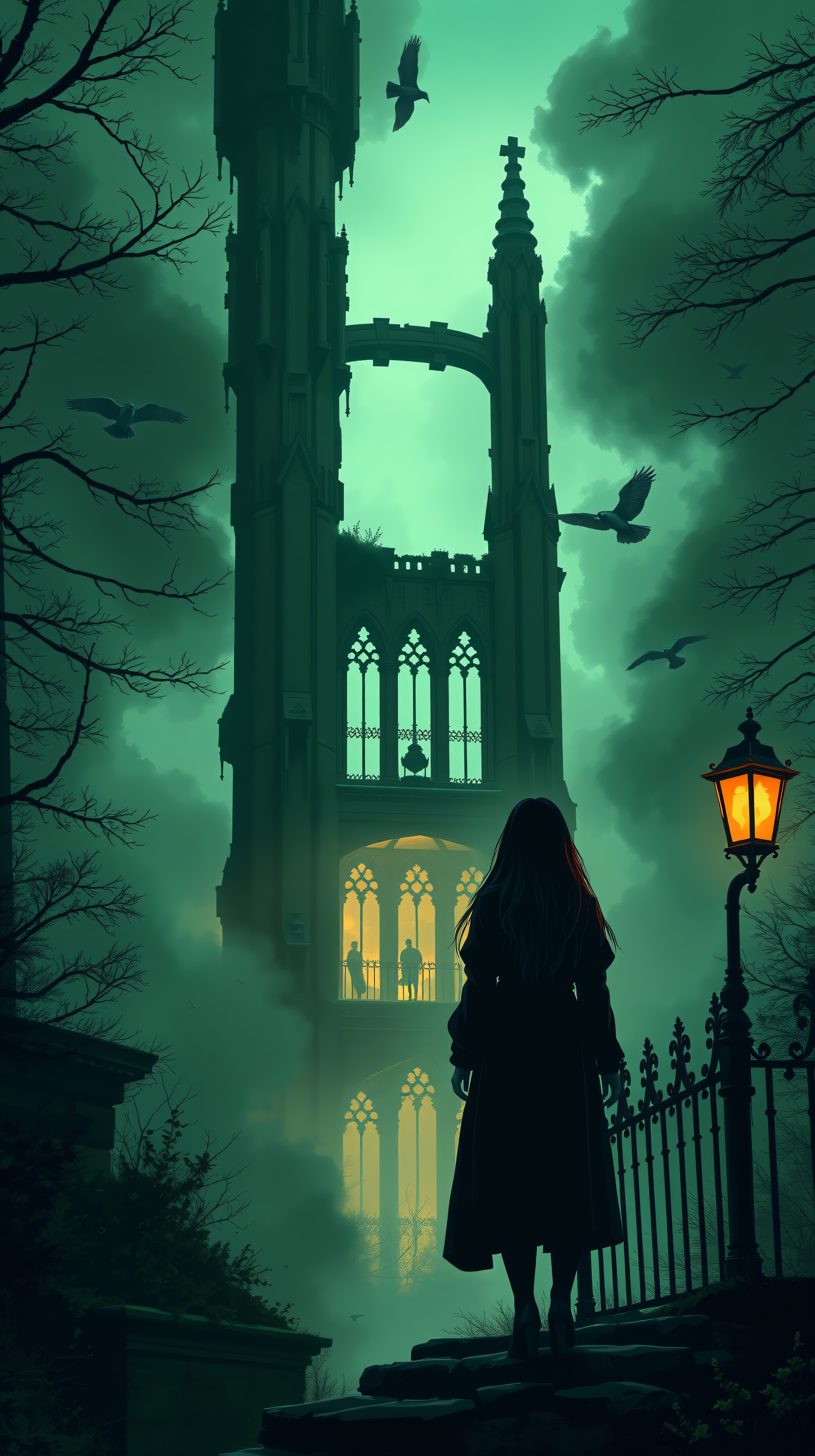 Gothic Misty Ruins with Mysterious Figure & Crows, gothic, fantasy, dark aesthetic, ruins, misty, crow