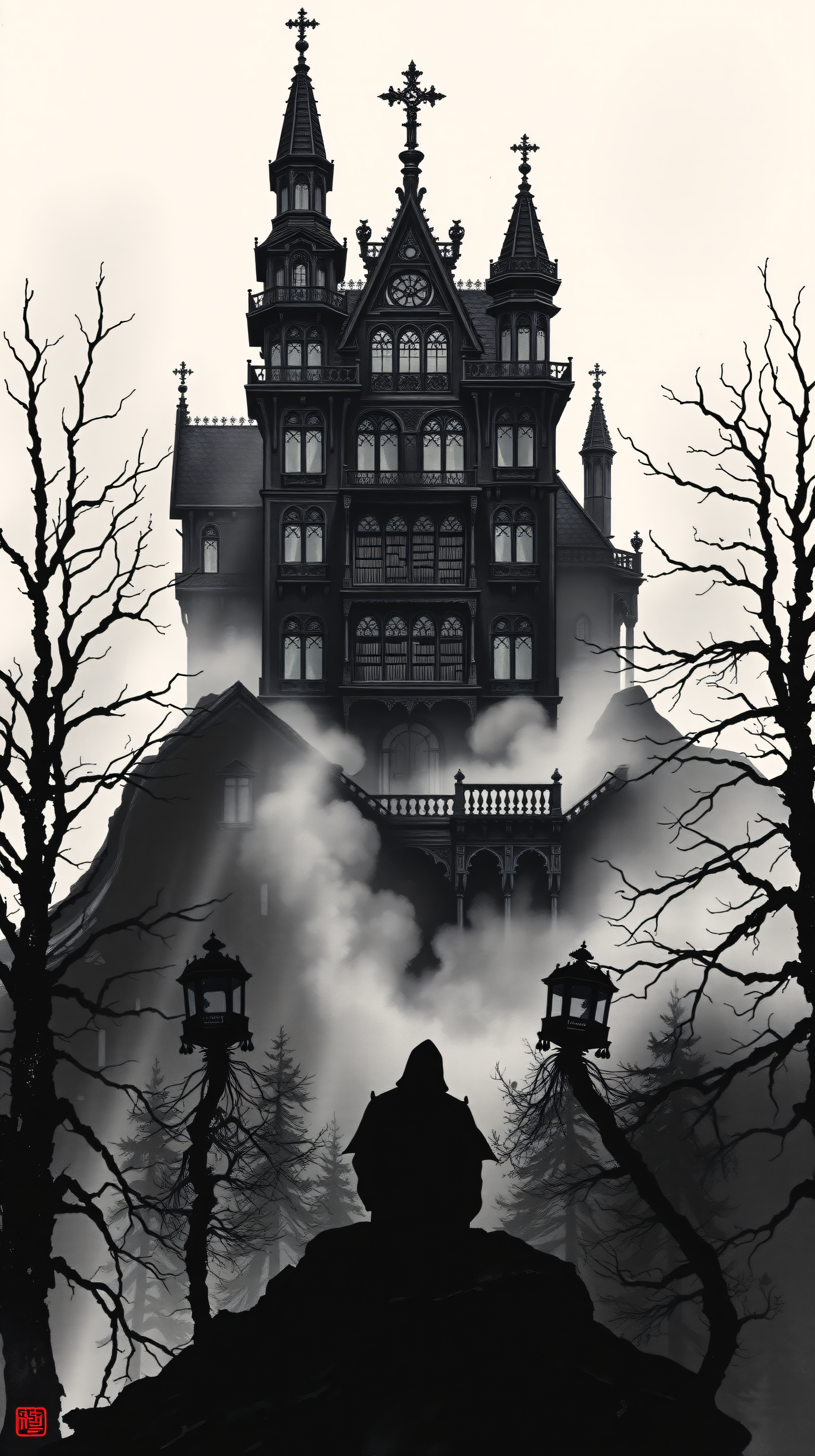 Misty Gothic Manor in Monochrome Woods, gothic, manor, mansion, misty, foggy, monochrome