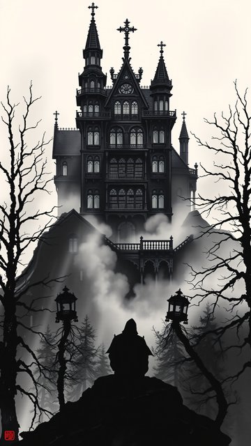 Misty Gothic Manor in Monochrome Woods