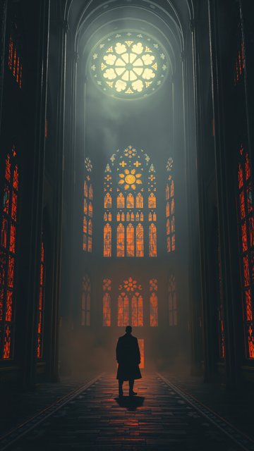 Ethereal Gothic Cathedral with Stained Glass & Figure