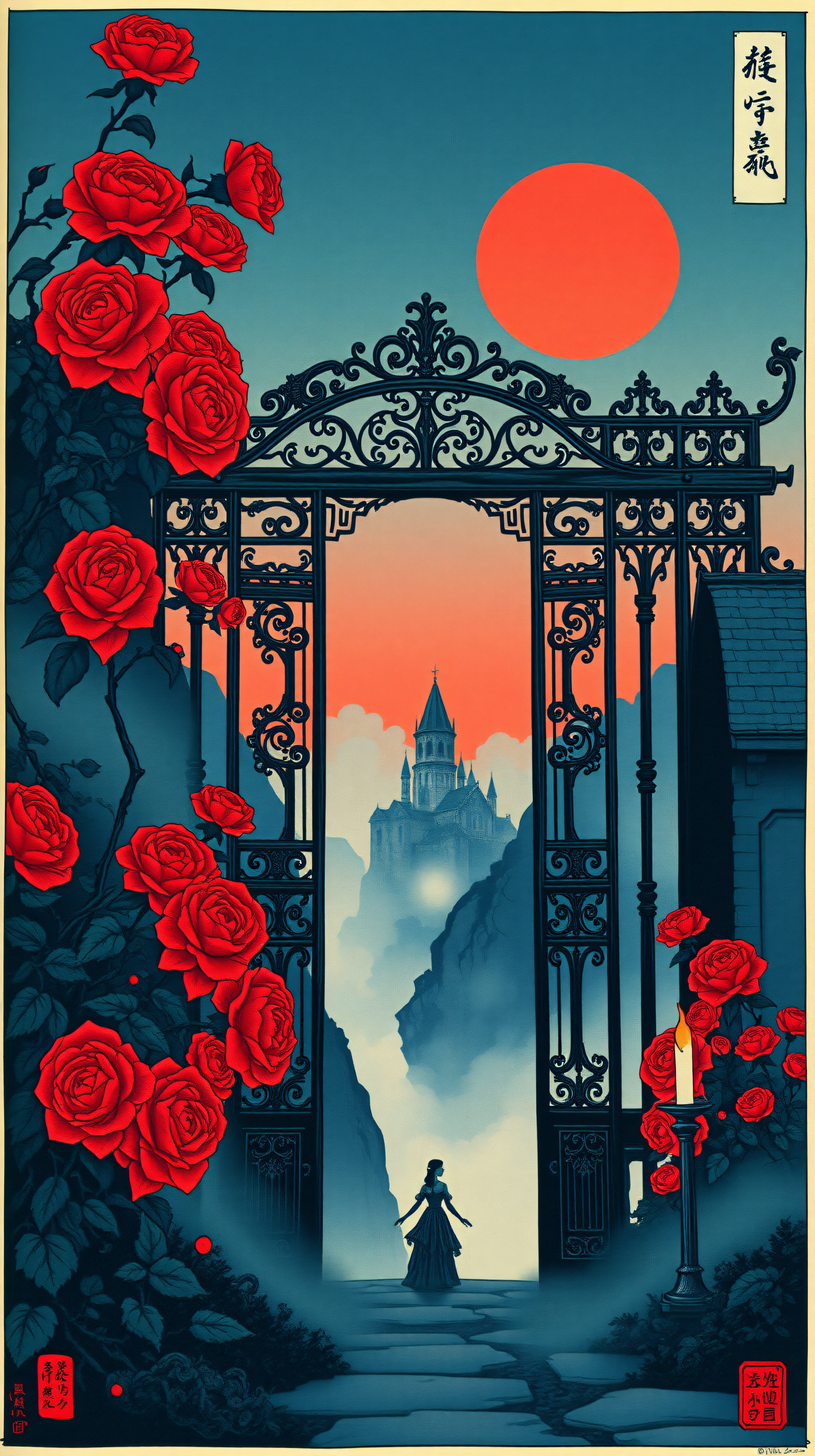 Ukiyo-e Castle Gate, Red Roses & Sunset Fantasy, gothic, castle, roses, red, teal, ukiyo-e