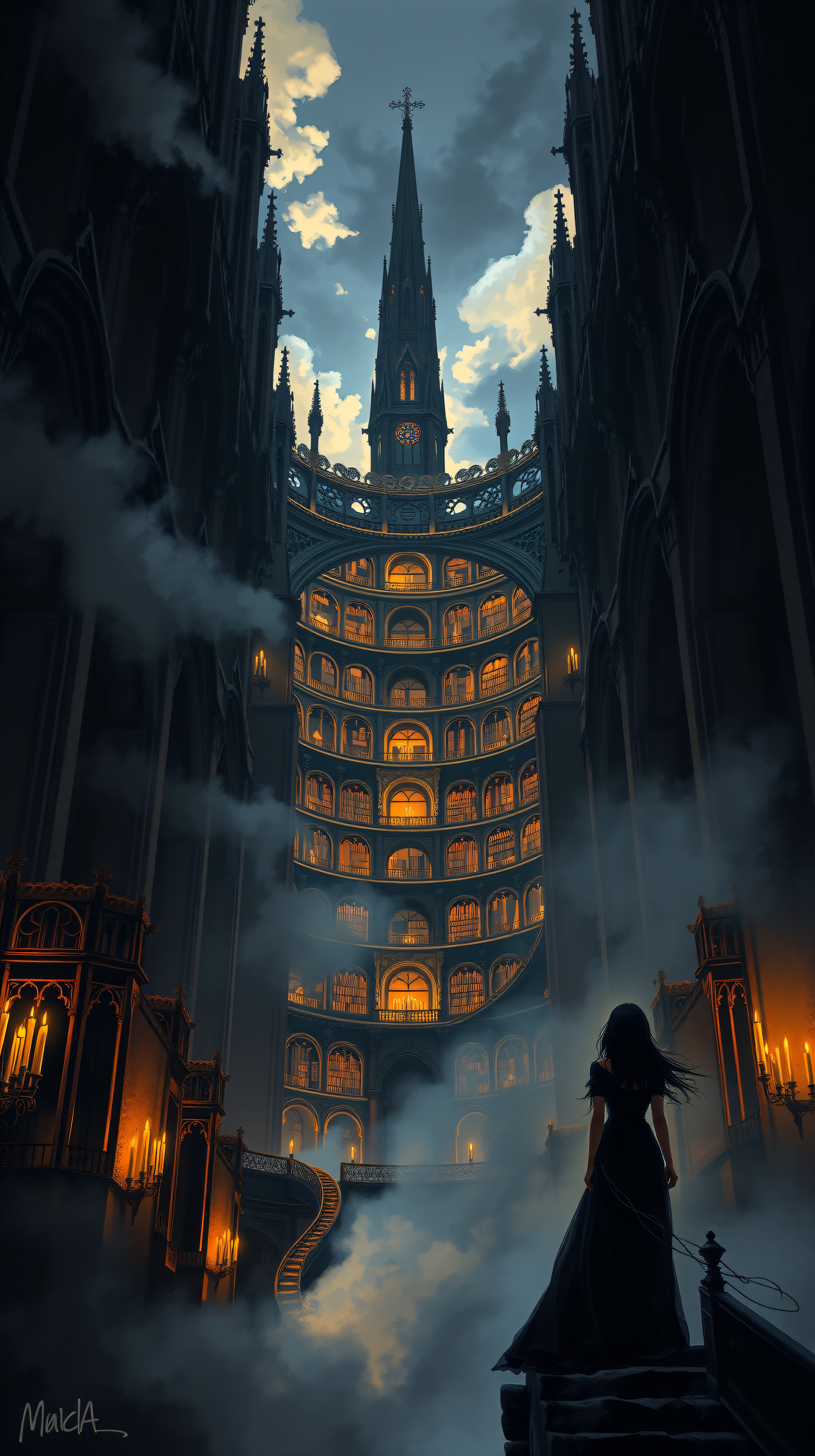 Mysterious Gothic Library Spire at Twilight, gothic, fantasy, library, cathedral, spire, tower