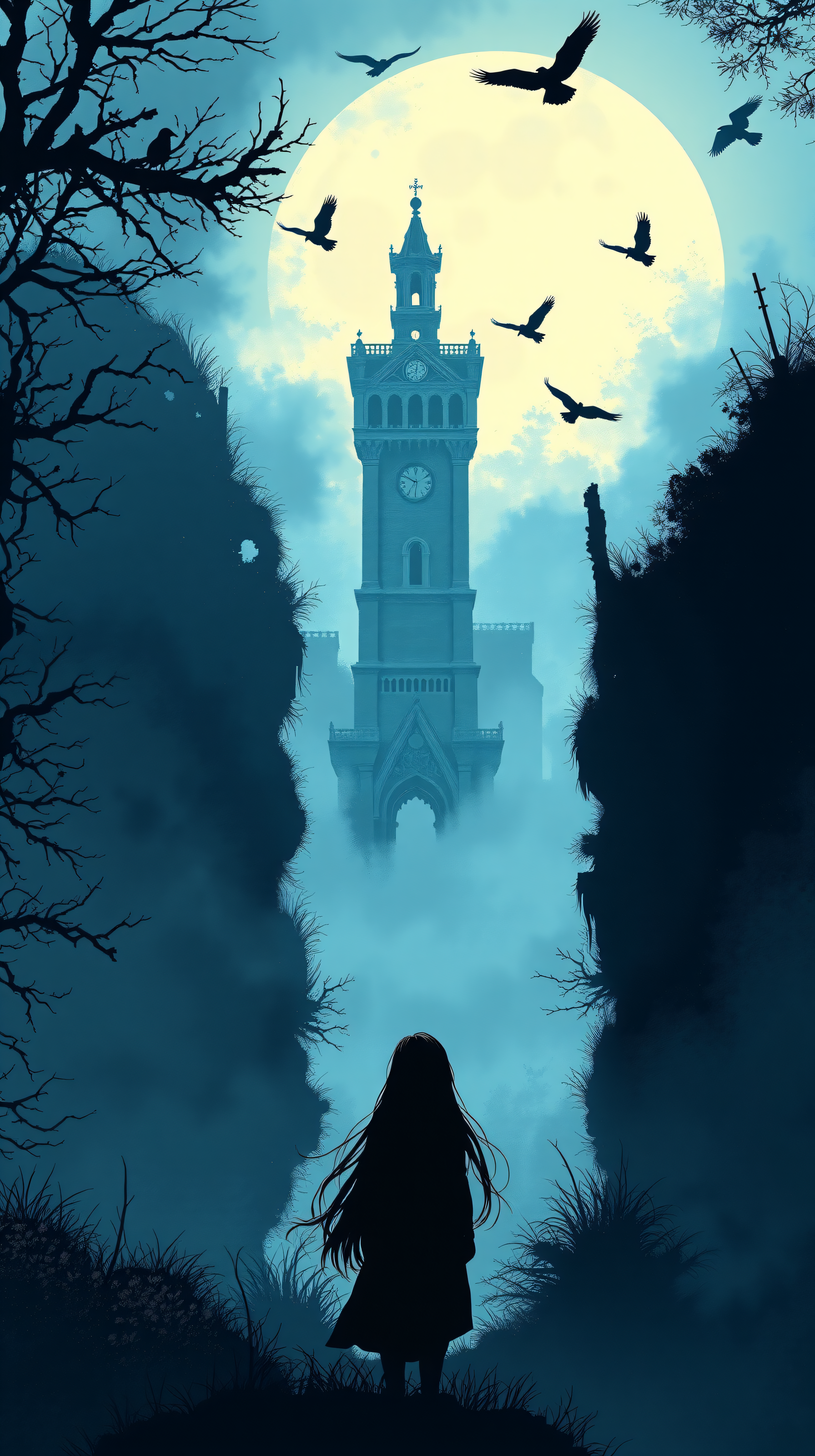 Gothic Clock Tower & Moon Silhouette, gothic, dark fantasy, clock tower, full moon, silhouette, mysterious