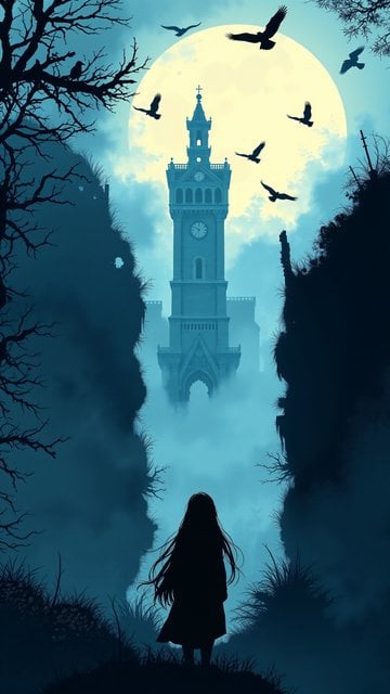 Gothic Clock Tower & Moon Silhouette
