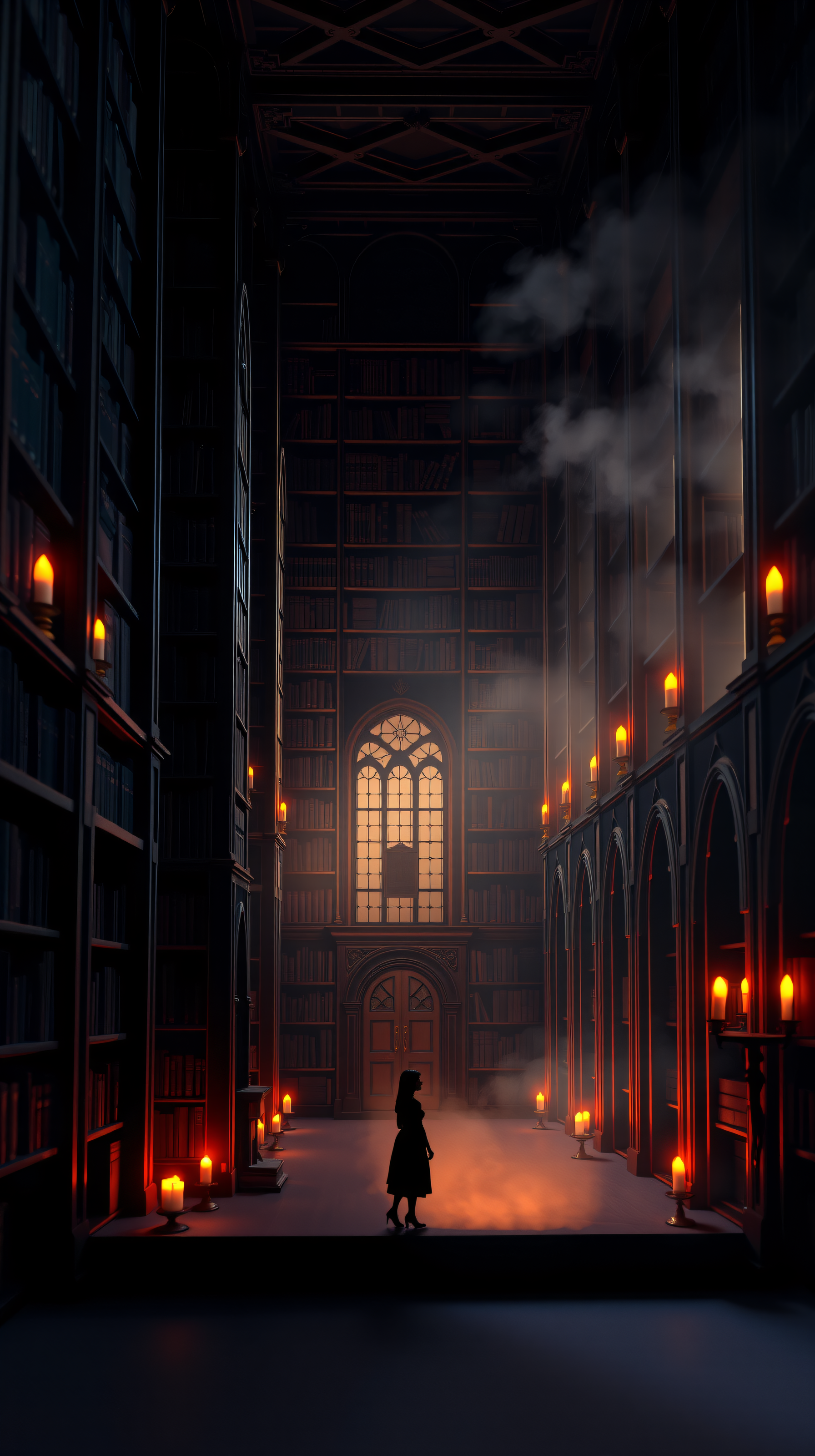 Gothic Grand Library with Enchanting Candlelight, gothic library, dark academia, fantasy, mysterious, enchanted, magic