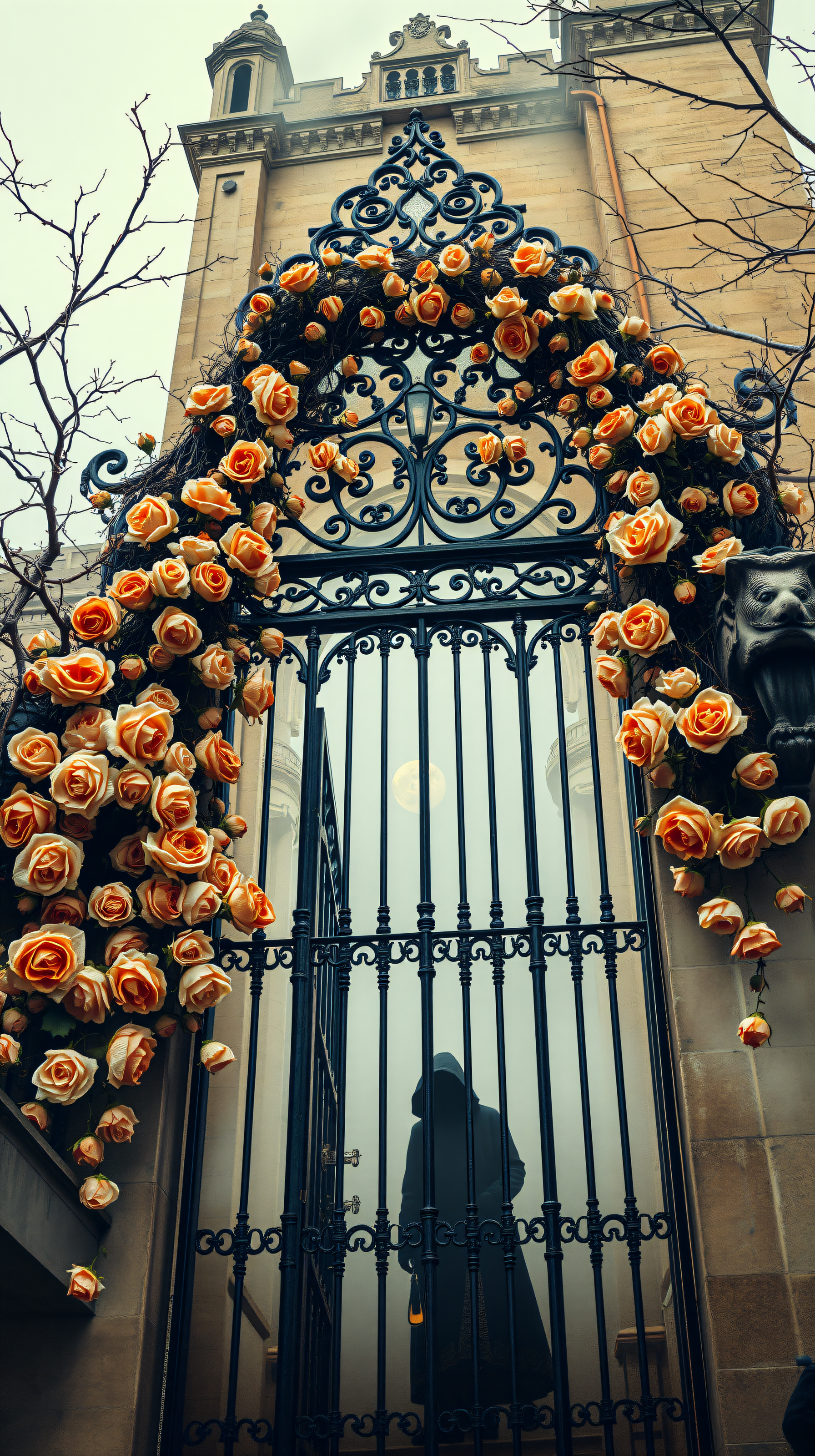 Gothic Gate with Orange Roses & Hooded Figure, gothic gate, orange roses, dark aesthetic, hooded figure, mystery, moody wallpaper