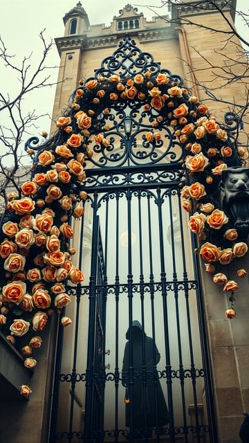 Gothic Gate with Orange Roses & Hooded Figure