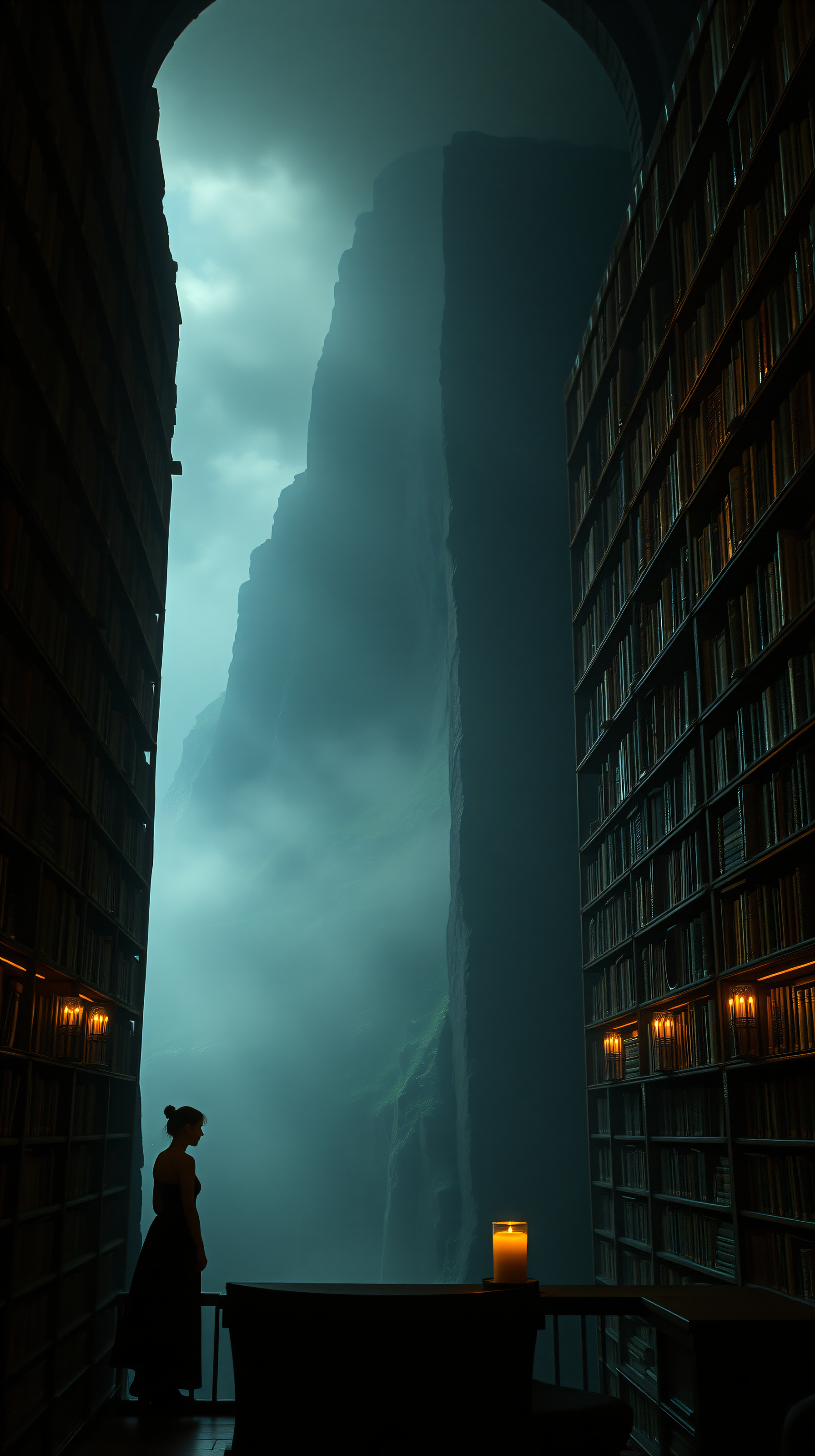 Mysterious Library Overlooking Misty Canyon, dark academia, fantasy, library, canyon, misty, mysterious