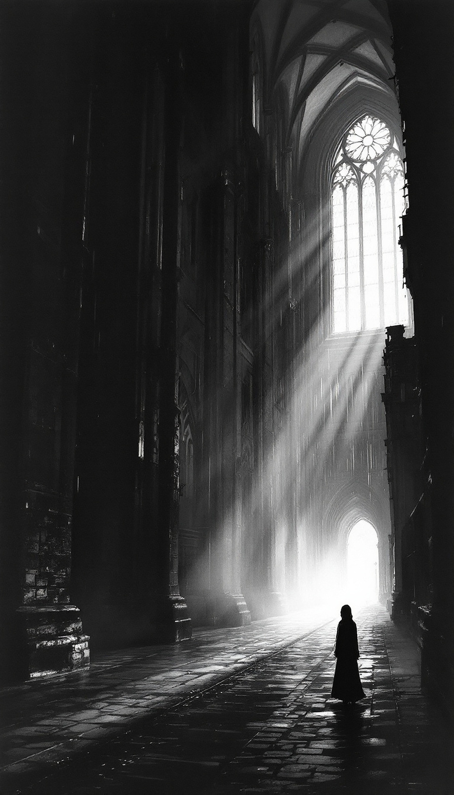 Gothic Cathedral Light Rays & Solitude, gothic cathedral, light rays, monochrome, dark aesthetic, solitude, mystery