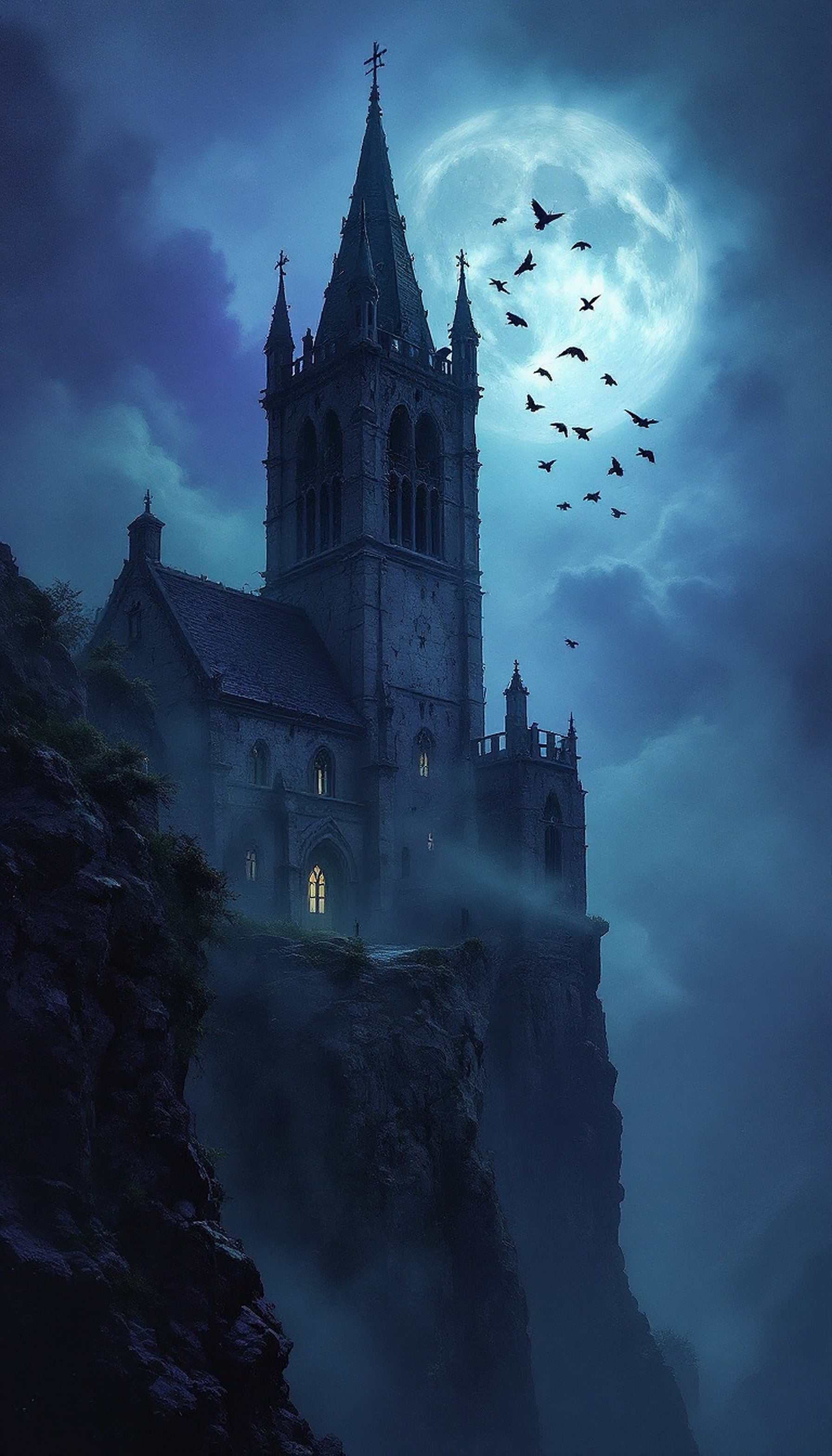 Gothic Castle Cliffside with Full Moon, gothic castle, full moon, dark fantasy, mystical, cliffside, crows