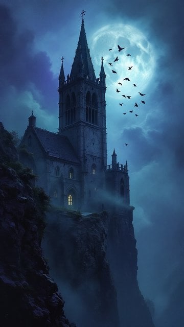 Gothic Castle Cliffside with Full Moon