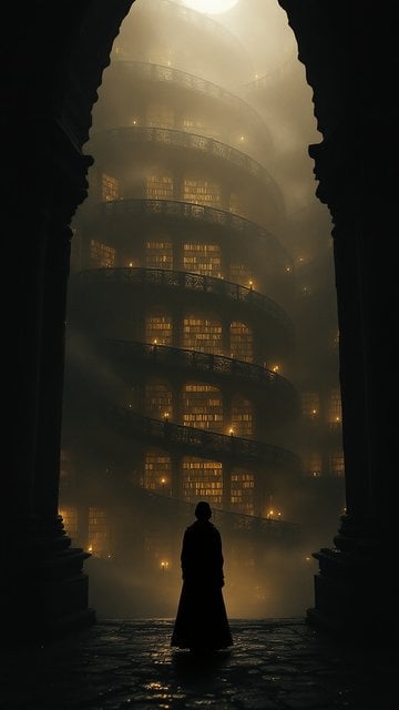 Mystical Grand Library Spiral Staircase Wallpaper