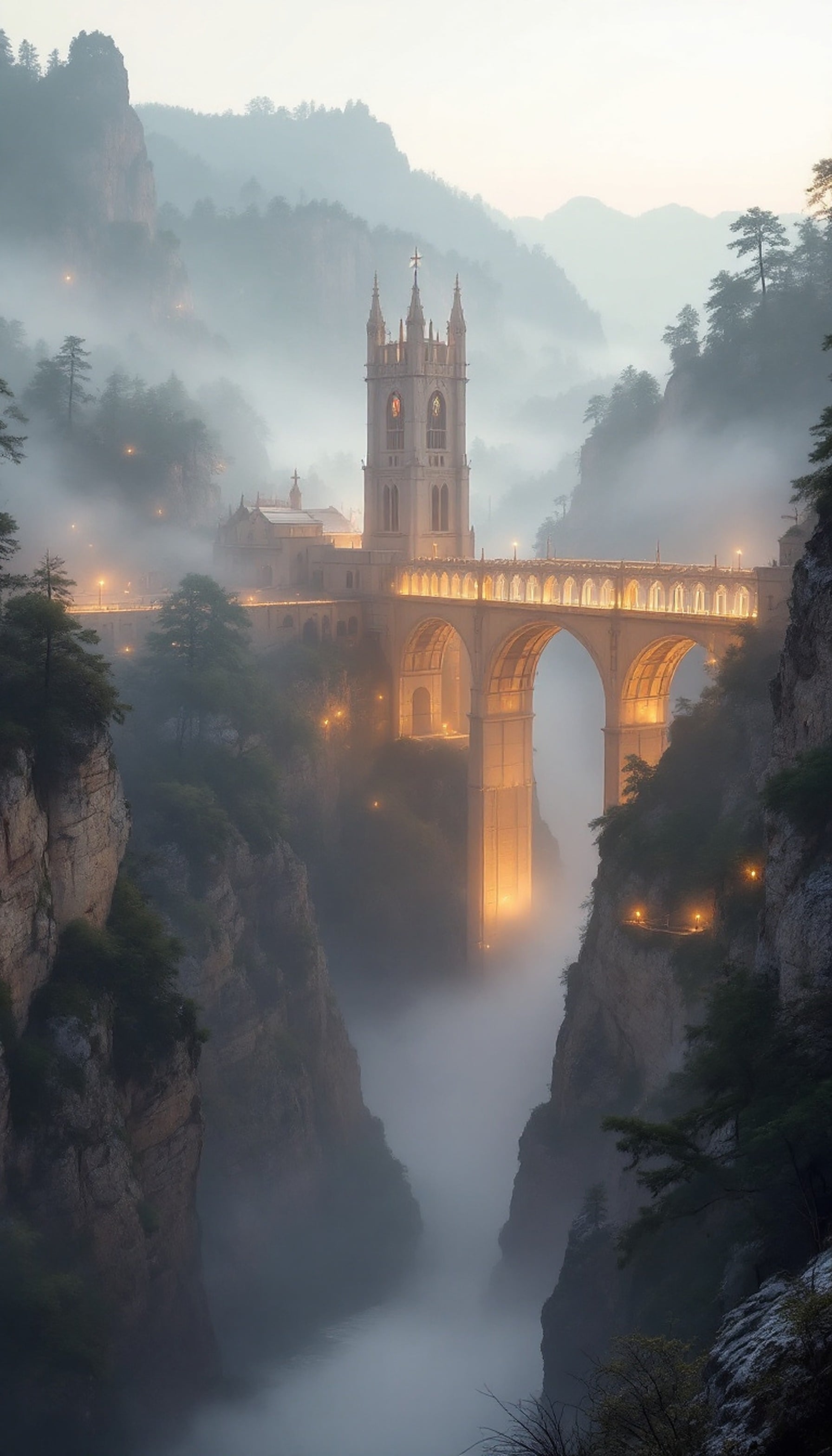 Misty Gothic Bridge Castle in Mountains, gothic castle, misty mountains, fantasy bridge, magical, dreamy, serene