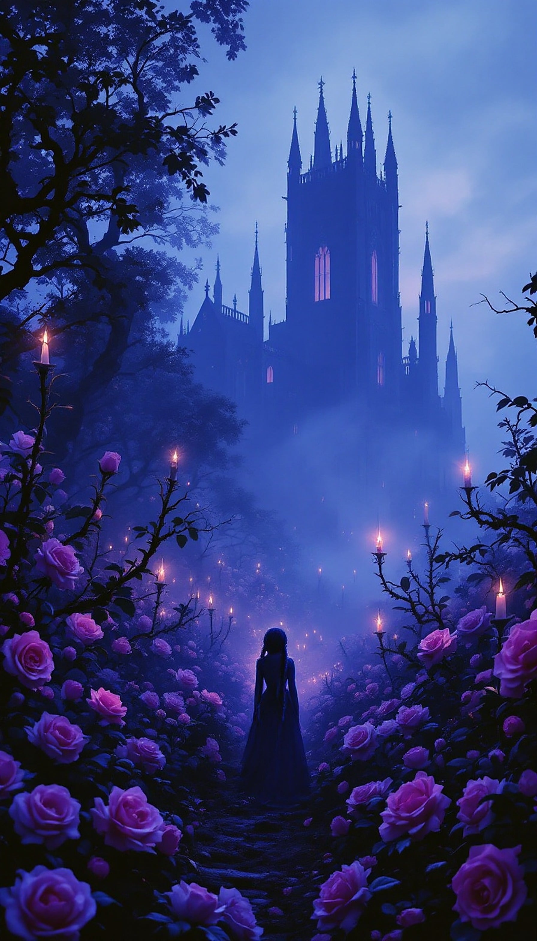 Mysterious Rose Garden Castle at Twilight Wallpaper, gothic castle, rose garden, fantasy wallpaper, dark aesthetic, mystical, purple roses